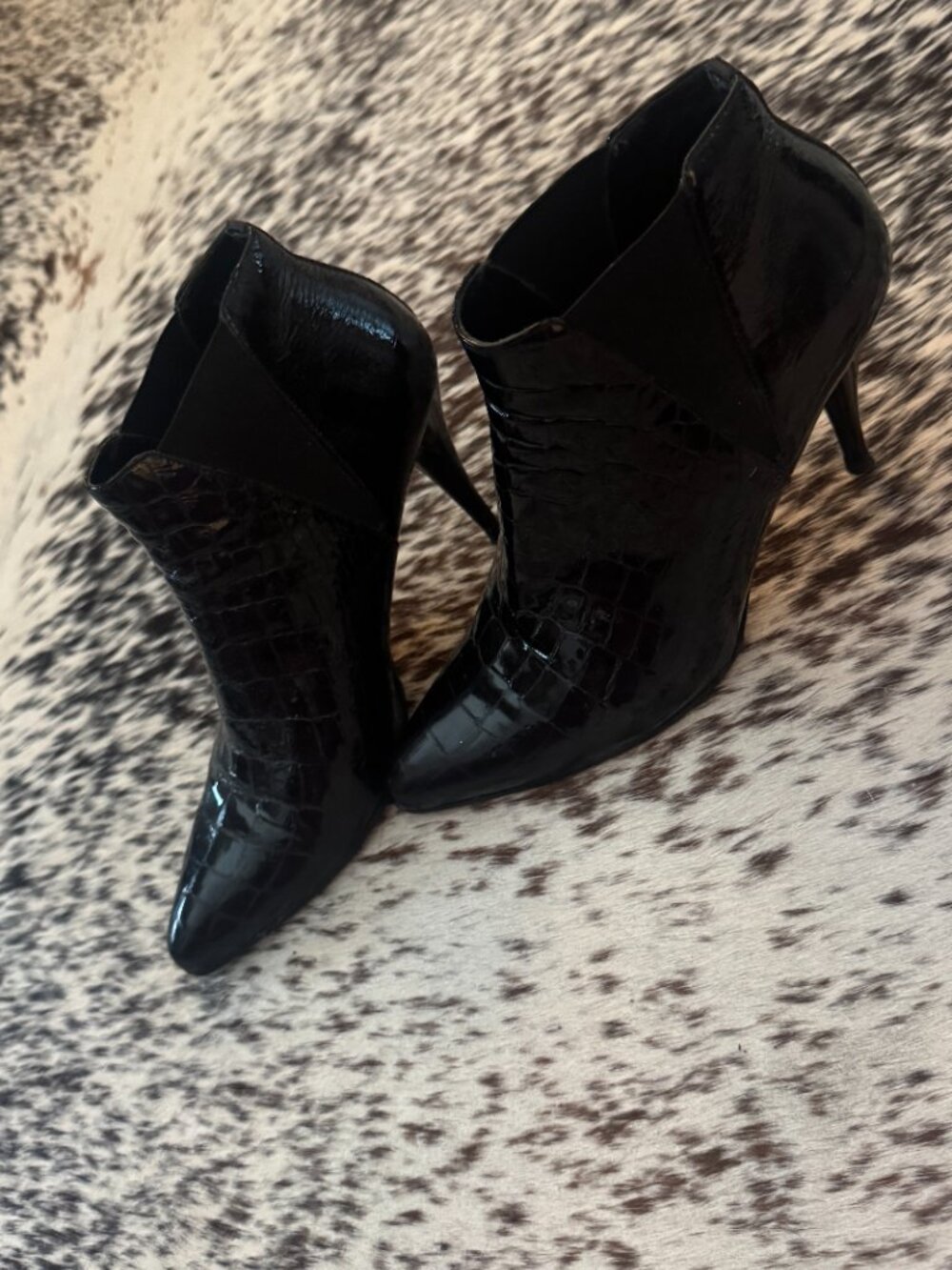 Prada Black Croc Embossed Patent Leather Pointed Ankle Booties Size 37 - Picture 10 of 11